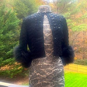 OLD HOLLYWOOD GLAM! Black Sequins Cardigan with feathered 3/4 sleeves